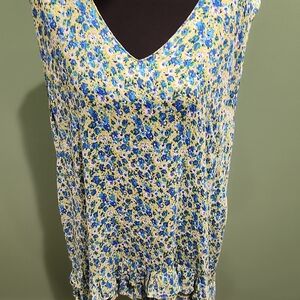 Floral V-Neck Blouse - Blue and Yellow